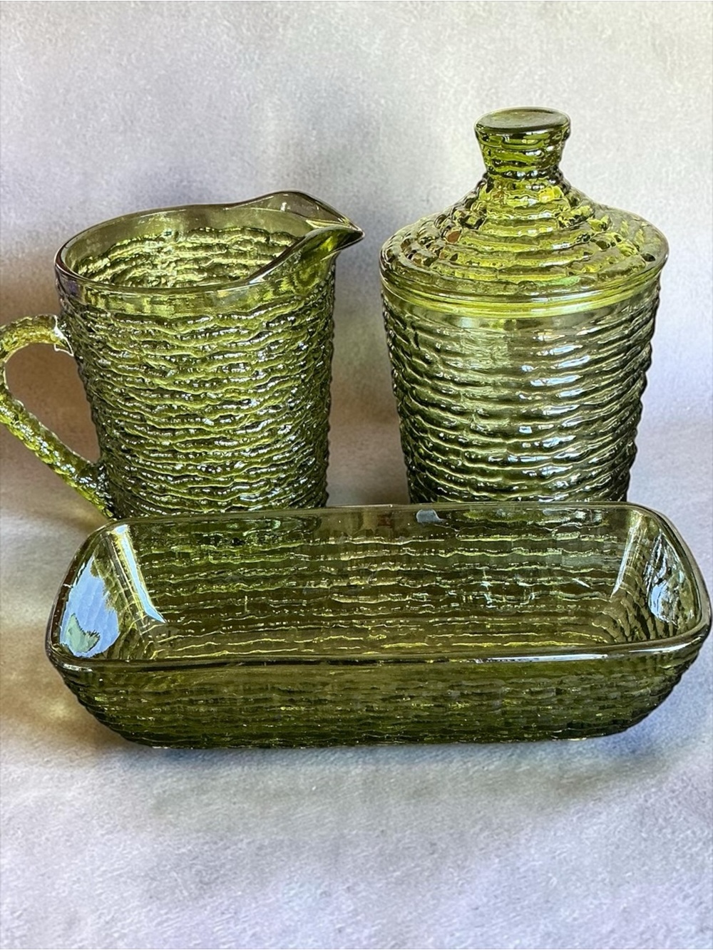 Vintage Anchor Hocking Soreno Avocado Green Glass Condiment Set MCM Retro